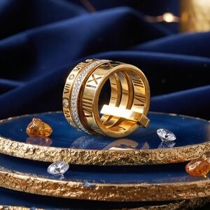 Roman Numeral 3-in-1 Spinner Ring 18K Gold Plated Stainless Steel CZ Sz 9